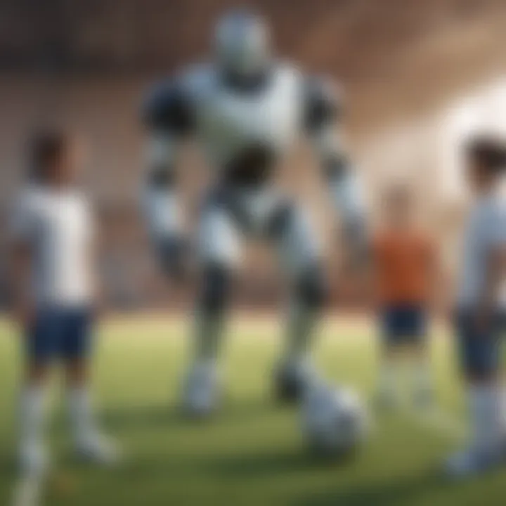 Robotic soccer coach guiding kids through drills