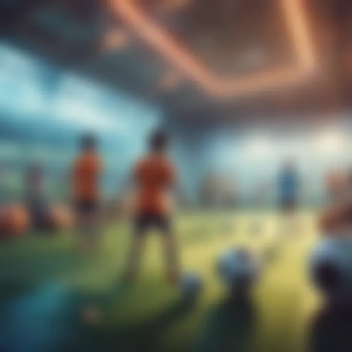 Children playing soccer in a futuristic virtual reality setting