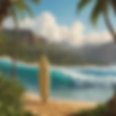 Innovative surfboard design amidst a backdrop of palm trees