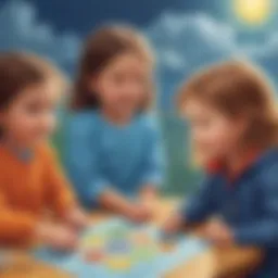 Illustration of kindergarten kids playing a weather-themed matching game