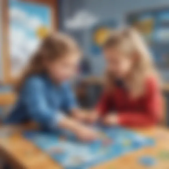 Illustration of kindergarten children engaging in a weather-themed puzzle activity