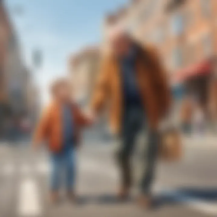 An elderly man helping a young child cross the street