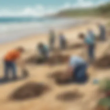 A group of volunteers cleaning up a polluted beach