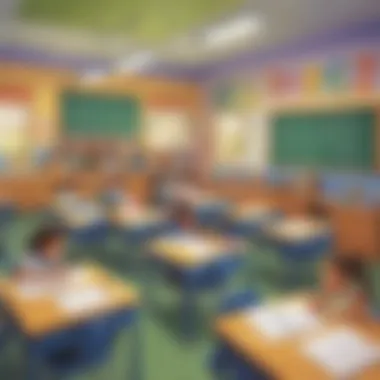 Dynamic Math Learning Environment Illustration of a classroom setting with math activities for Class 1 students