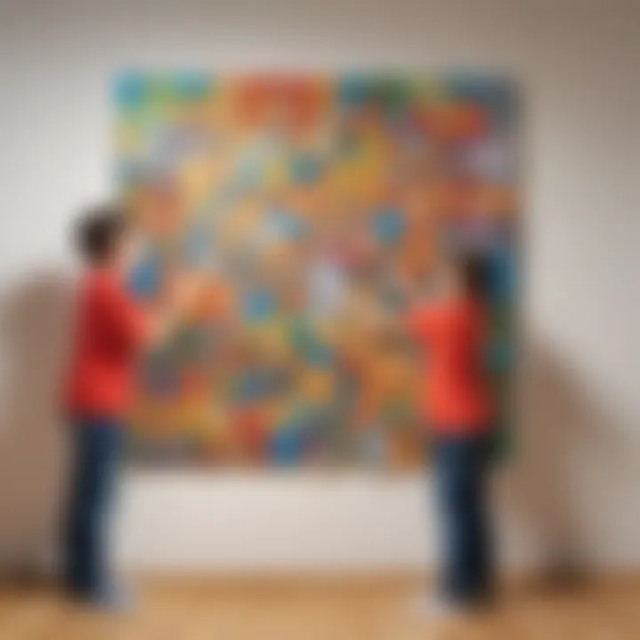 Children interacting with a large puzzle mounted on a wall