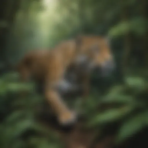 Jaguar stealthily stalking its prey in the dense jungle