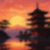 Elegant silhouette of a traditional Japanese temple against a vibrant sunset sky