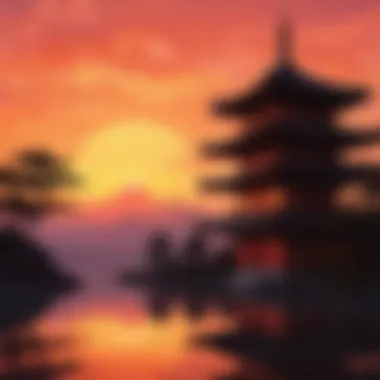 Elegant silhouette of a traditional Japanese temple against a vibrant sunset sky