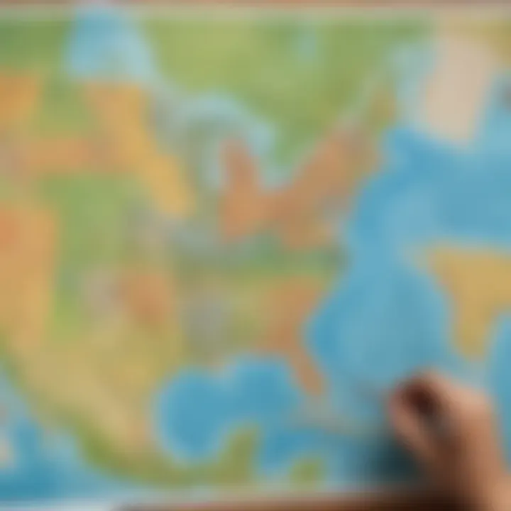 Imaginative illustration of children learning geography using a printable US map on Kidlect