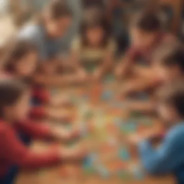 Group of kids collaborating on a 12-piece jigsaw puzzle