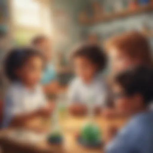 Illustration of a diverse group of kindergarten students engaged in a science experiment