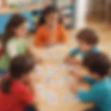 Illustration of kindergarten students playing syllable card game