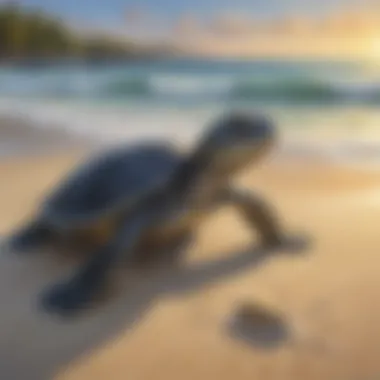 Illustration showing a leatherback sea turtle hatchling making its way to the ocean