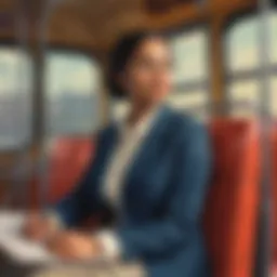 Rosa Parks seated on a bus, symbolizing her act of defiance