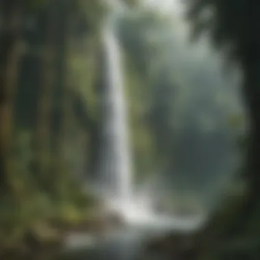 Majestic waterfall flowing through a dense rainforest