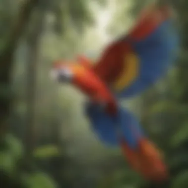 Elegant Scarlet Macaw in Flight Majestic Scarlet Macaw soaring through lush Amazon Rainforest