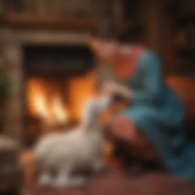 Imaginative portrayal of Mary and her lamb sharing a tender moment by a crackling fireplace