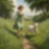 Illustration of Mary and her little lamb skipping joyfully through a green meadow