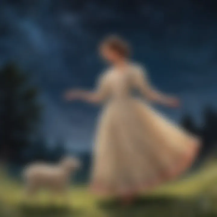 Whimsical illustration of Mary and her lamb dancing under a starlit sky filled with twinkling constellations