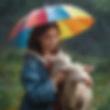 Artistic depiction of Mary sheltering her lamb from a gentle rain under a colorful umbrella