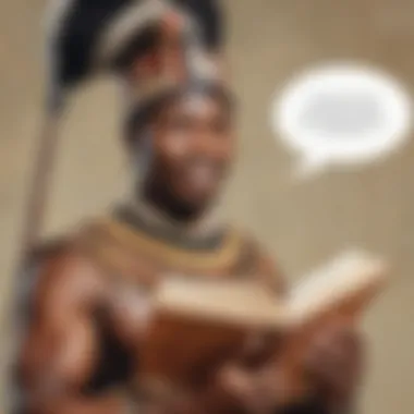 Innovative visual of a Zulu warrior holding a book and a speech bubble with isiZulu words