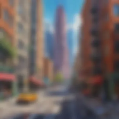 Vibrant acrylic painting of a dynamic cityscape