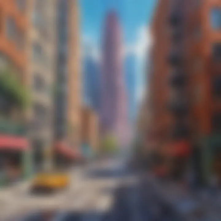 Vibrant acrylic painting of a dynamic cityscape