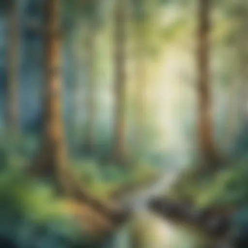 Abstract watercolor painting of a mystical forest