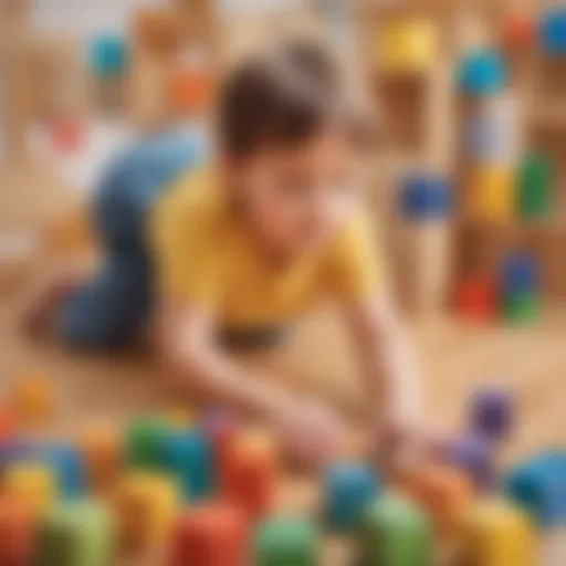 Preschooler exploring prepositions with colorful blocks