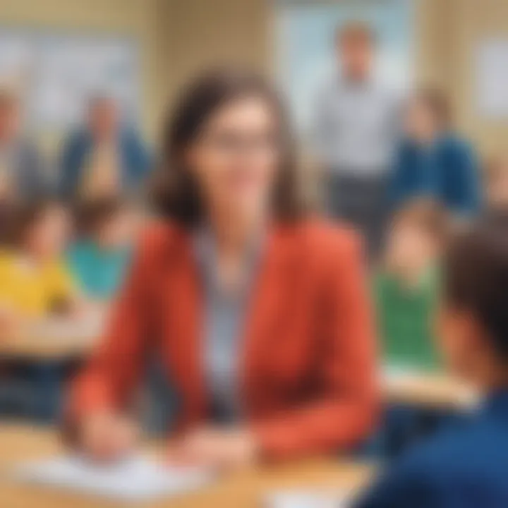 Illustration depicting a teacher confidently showcasing their classroom management skills during an interview