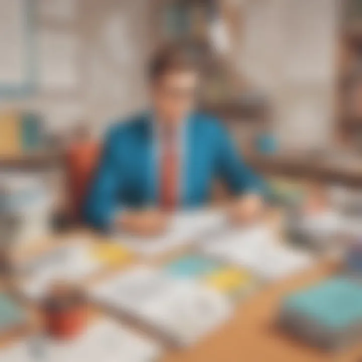 Illustration of a teacher preparing meticulously for a job interview, with books and notes scattered around