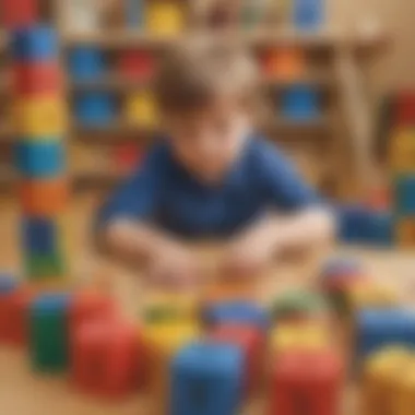 Child playing with math-themed building blocks