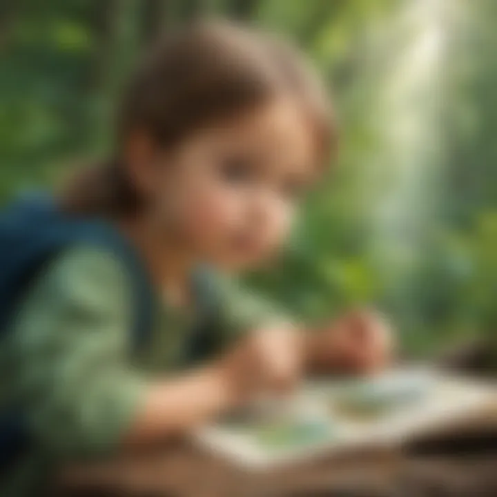 Illustration of a child exploring nature with flash card images