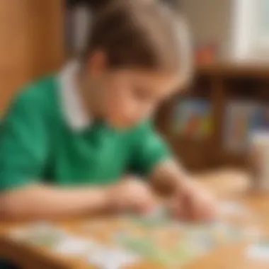 Illustration of a child solving puzzles using flash card images