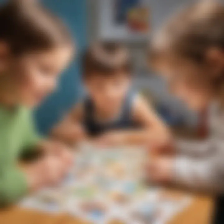 Illustration of children engaging in creative play with flash card images