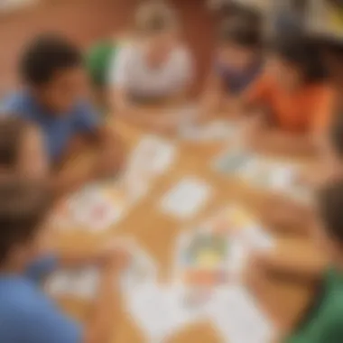 Illustration of a diverse group of children collaborating with flash card images