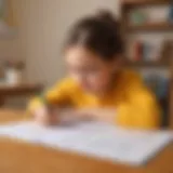 A child joyfully solving multiplication problems on a bright worksheet.