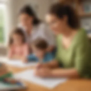Parents assisting their child in completing math worksheets at home.