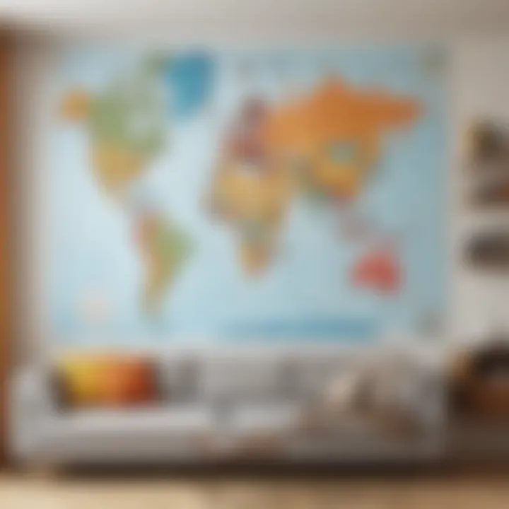 Modern living room with a large world map cut out as a focal point