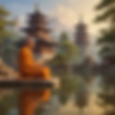 Contemplation in Serenity: Monk's Reflections Monk meditating in front of a pagoda