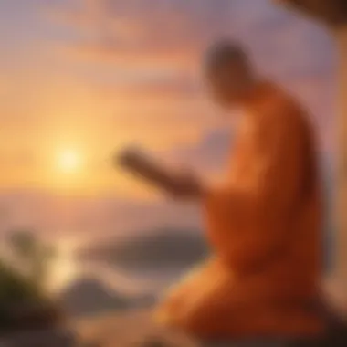 Divine Connection: Morning Devotions Buddhist monk offering prayers at sunrise