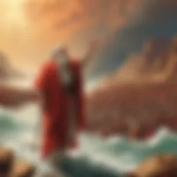 Ancient manuscript depicting Moses parting the Red Sea