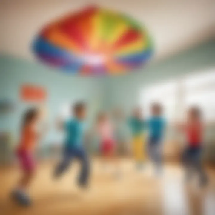 Kids playing with colorful parachute in PE class