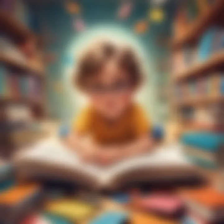 Illustration featuring a child immersed in a storytelling session with colorful books