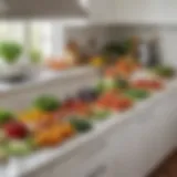 A modern kitchen with assorted fresh vegetables neatly organized on a countertop