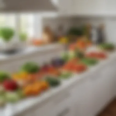 A modern kitchen with assorted fresh vegetables neatly organized on a countertop