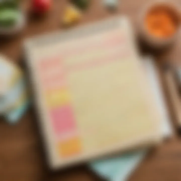 A close-up of a well-crafted meal plan notebook with colorful post-it notes and recipe cards