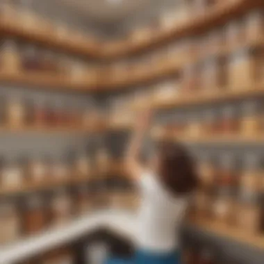 A hand reaching for a jar of homemade granola in a pantry filled with neatly labeled containers