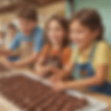 Children engaged in a fun activity at the chocolate stand, showcasing teamwork.