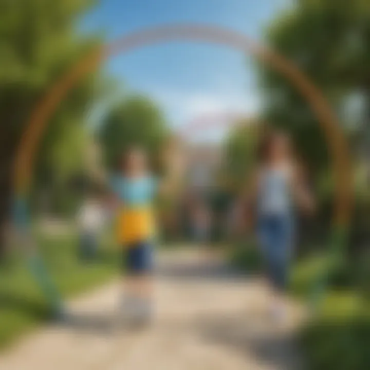 Creative outdoor activity with colorful hoops